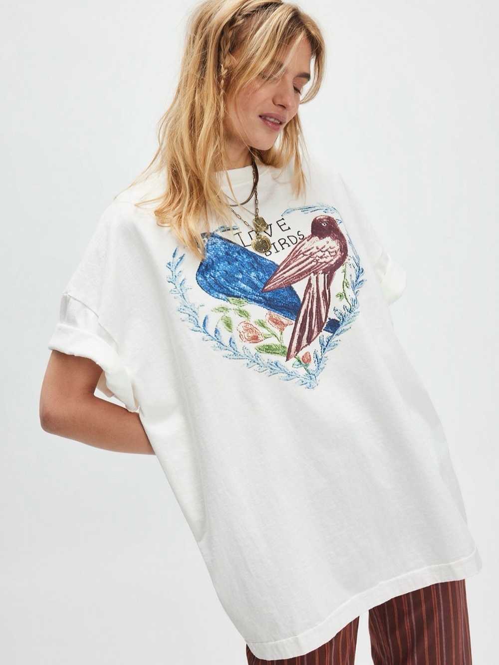 Free People 'Love Birds' Graphic Tee in White with Blue & Brown Birds - Picture 1 of 3